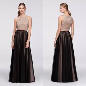 Cachet Black & Nude Full Length Formal Dress with Silver Beading Women's Size 4